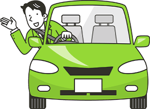 緑色の自動車の窓から手を振るドライバーのイラスト